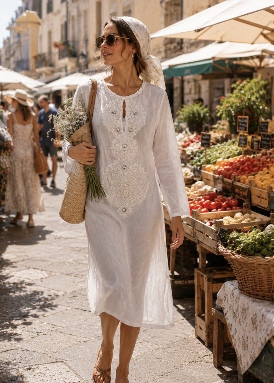 Antik Batik White Beaded Fine Lawn Tunic Beach Resort Vintage Large